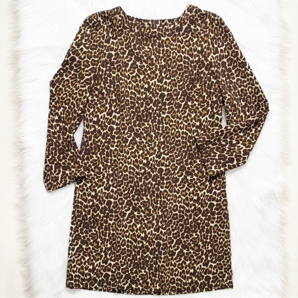 J. Crew Leopard Print Brown Cream Tan Black Long Sleeve Shift Dress - Picture 6 of 9